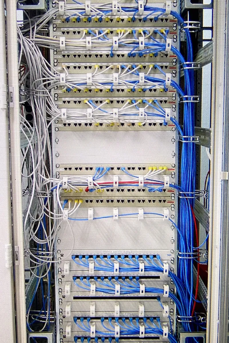 Großer IT-Verteilerschrank mit umfangreicher Netzwerk- und Telekommunikationsverkabelung.